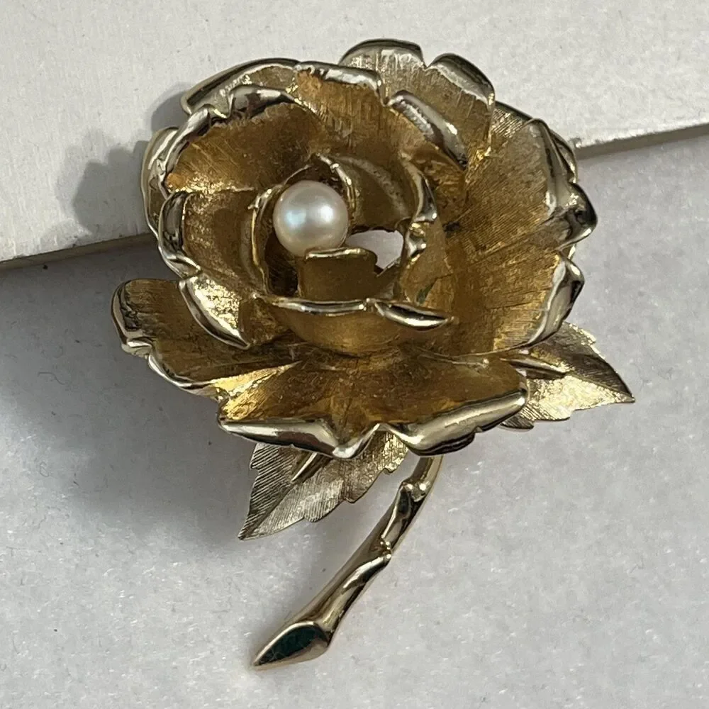 Vintage Marcel Boucher Rose Flower Brooch Gold Tone Pearl Pin Floral Italy